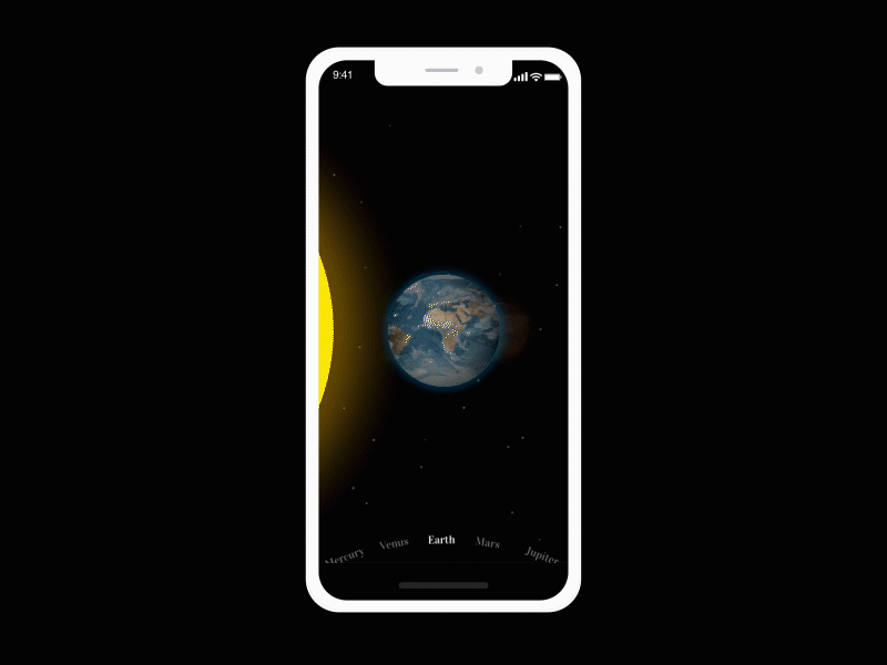 The Solar System 2danimation adobe xd after effects animated gif app black concept dark dribbble freebie jupiter minimal planets solar system space sun swipe ui universe ux