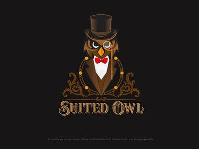 Suited Owl Brand Logo Concept animation black branding character design flat gaming icon illustration logo mascot minimal minimalist style ui vector web website