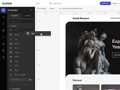 Bubble.is - Redesign & Rethinking Concept (details) black white bubble builder case study concept creator dark theme dark ui dashboard drag and drop editor interface properties redesign sidebar ui design ux design web app web design webflow