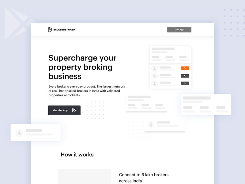 BrokerNetwork Landing Page Wireframe app branding cards design illustration india landing minimal real estate ux wireframe
