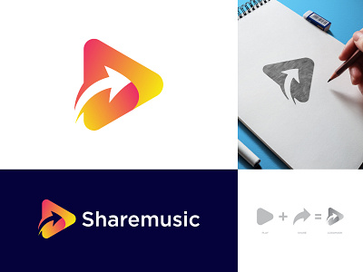 Share Music Logo arrow logo brand identity branding business logo colorful logo colorful paly button logo gradient logo graphic design logo logo design minimalist modern logo modern play logo music logo music share logo play button with arrows play logo share app icon share logo share music