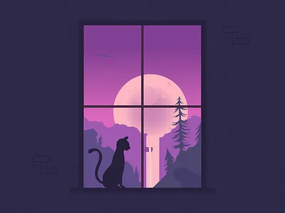 peek cat cat illustration illustration landscape landscape illustration moon moon illustration night night illustration sky tree window window illustration