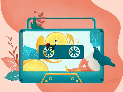 Listen to the music design drawing fruit girl illustration leaves music oranges radio summer
