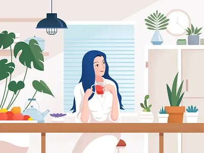 Fresh plants afternoon tea fresh green illustration plants room woman