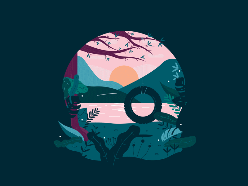 Tire Swing animated gif animation 2d forest lake masking scene scenery sunset tire tire swing tree