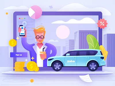 Join Us Via App Or Web branding building car city computer coupon gold illustration registered sign up trees