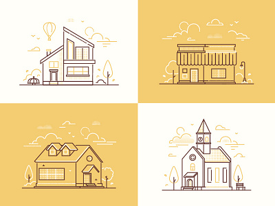 Town life illustrations architecture building church city cityscape design illustration landscape line outline playground style town