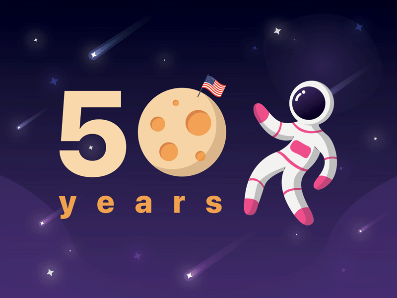 Moon Landing | 50 years anniversary 50 america animation anniversary astronaut blue draw dribbble flag gif illustration illustrator moon photoshop space stars tribute universe usa vector