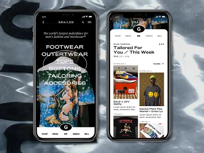 Grailed Mobile App Redesign | Feed brutalism brutalist concept fashion grailed graphic grid mobile ui nike redesign travis scott typography ui design