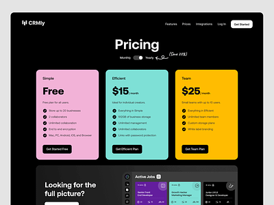CRMly: pricing page, webdesign in webflow b2b costs dark design landing page packages plans pricing pricing page pricing plan pricing plans pricing table saas ui ux web webflow webflow pricing webpage website