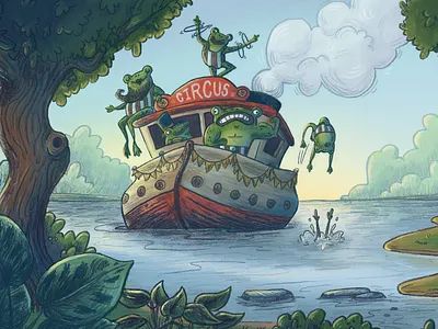 Frog Circus boat cartoon childrens book childrens illustration circus fantasy illustration kidlit kidlitart kids illustration photoshop river whimsical