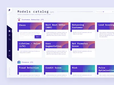 Model Catalog app application cards catalog catalogue clean color dashboard data design gradient icon icons interface machine learning prediction product system ui ux