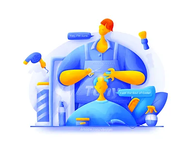 Barber alopecia barber shop blue bright dialogue haircut illustration man modelling programmer ui web