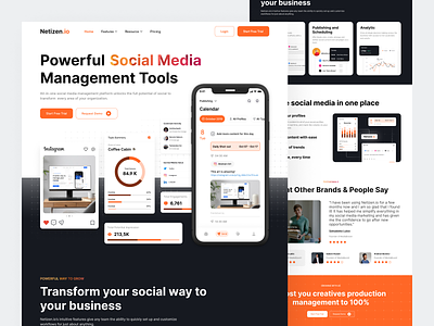 Netizen.io - Social Media Management Landing Page accounts analytic chart component content engagement impression landing page management marketing media mockup planning posting publishing saas schedule social social media web design