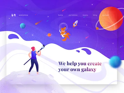 Outer-space Header Exploration astronaut character design galaxy gradient header illustration landing page noansa outerspace purple rocket space ui uiux vector website