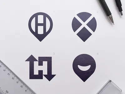 Hobbiez - Logo Concepts arrow arrows black and white blackandwhite h letter location pin logomark negative space negativespace smile logo smiley face x