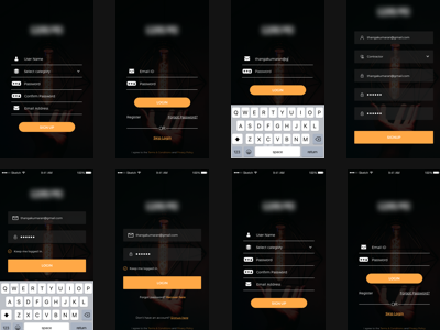 LOGIN SCREENS - DARK account box create dark dark theme flat key pad line login login page login screen mobile ui orange password register signin signup transparent ui user