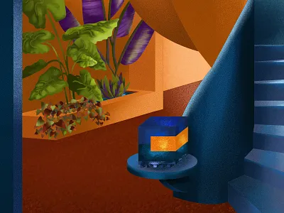 Garden corridor blue color colors design illustration interior design leaves orange plants stairs texture volume