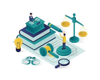 Justice And Law Isometric Illustration concept design firm good hammer illustration internet isometric judgment justice isometric landing page law law firm law isometric man online teamwork vector website witness