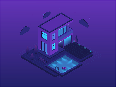 Night Calmness cloud house isometric lamp night swimmingpool violet