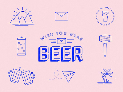 Wish you were beer beer beer can blue brew brewery card flat illustration illustration illustrator line art line work lines linework pink post card tap handle vector vector illustration wish wish you were beer