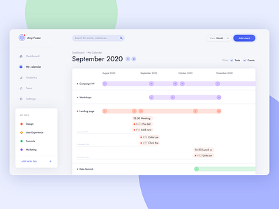 Task management - timeline view app blue calendar clean dashboard design light management manager tags task timeline ui user experience user interface ux