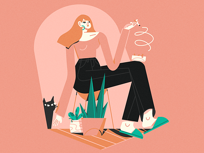 my roommate is a cat brush cat character cute female illustration illustrator plant scene texture vector