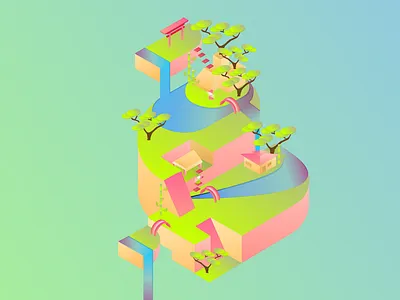 Chinese Garden Maze 3d asian chinese dribbble garden gradient illustration isometric maze paradise tree