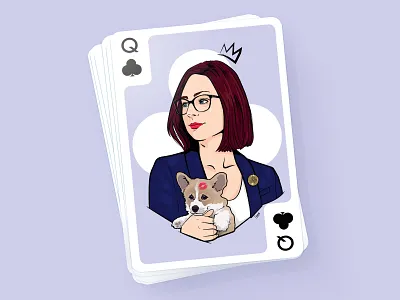 IBM Playing card : Queen of Clubs blue character corgi design dog girl illustration portrait queen queen of clubs vecto vector vexel woman