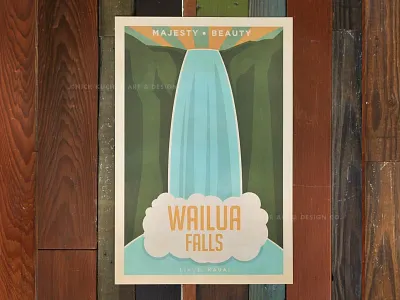 Wailua Falls hawaii illustration print vintage waterfall