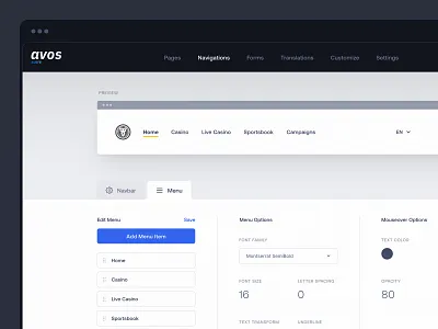 AVOS Navigation Builder button cms color dashboard drag drop input move navigation saas select ui