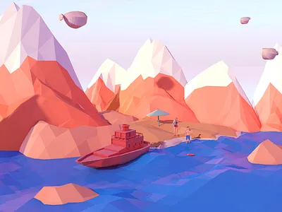 holiday tourism airship blue boat flat illustration man mountain sea snow stone women