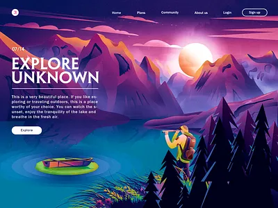 Explore unknown adventure boat calm camping design environment explore flat illustration landscape illustration moonlight mountain nft outdoor travel ui vacation water web website
