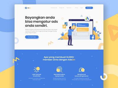 AdsOn - Header Ads Management ads blue branding character character design design facebook ads flat design flat illustration fun google ads header illustration landingpage logo ui ux vector web website