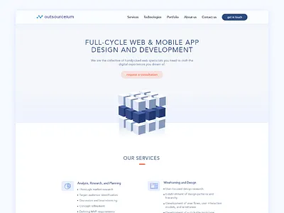 Outsourceium development company website design agency blue clean company cube develop developing development interface landing minimalistic product software team tech technology ui ui design vector website