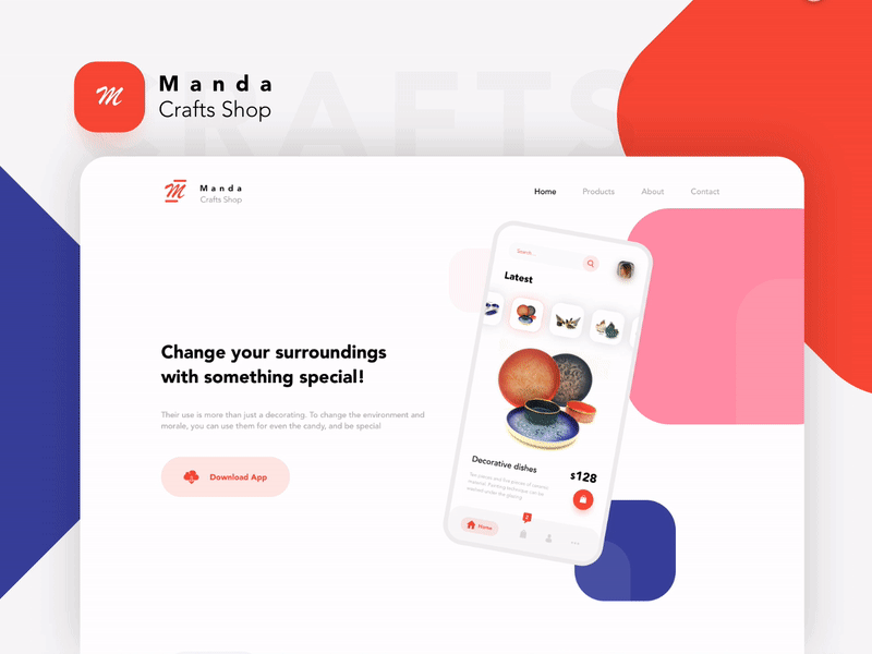 Manda - Crafts shop Landing abstract abstract logo blue clean colorful design flat interaction landing landing page layout motion orange pink shape typogaphy ui ux vector website
