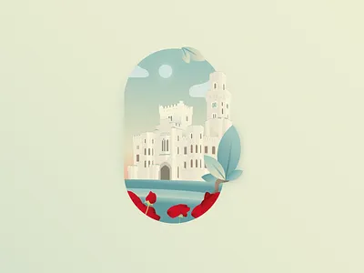 Hluboka castle architecture art castle clean design flat flowers gradient icon illustration logo nature scenery sunset symbol travel vector