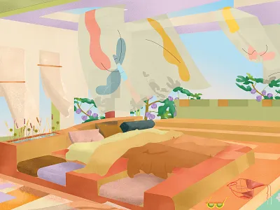 Summer mood bed calm colors desert design fresh furniture illustration interior design pattern perspective plants pool summer sunny wind windy