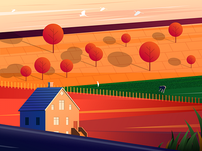 Season Of Sowing bird building dam egret farmer fruit tree home illustraion lake rice road sow sowing tree