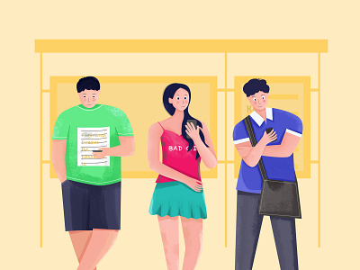 Waiting And Mobile Phone bus stop girl illustration shot stress summer vector waiting
