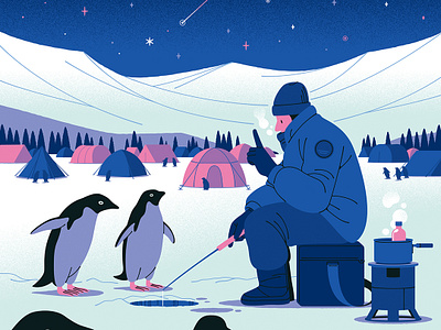 Ice Fishing character digital folioart illustration kouzou sakai landscape nature penguin winter