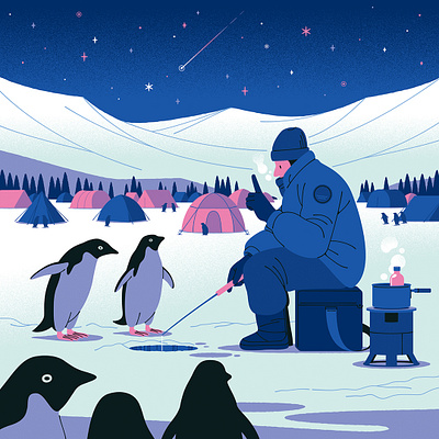 Ice Fishing character digital folioart illustration kouzou sakai landscape nature penguin winter