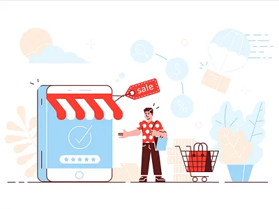 Online shopping app application business business people character design flat illustration internet marketing office online people phone sale shop shopping smartphone ui vector