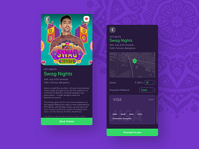 Event App aesthetics android cards event green interface minimal mtv beats neon nucleya payment purple sketch sketchapp swag swag nights ticket ui uiuxdesign visa