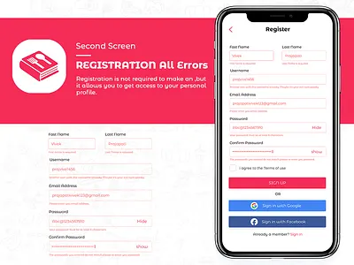 Registration errors ui design (Khana Banana Sikhe)App Design app appdesign errors flat icon typography ui ux