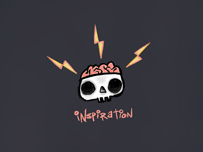 Inspiration Strikes black and white bolt brain design flat illustration inspiration lightning lightning bolt logo print skeleton skull typography vector