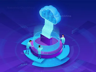 Cloud service 3d blue cloud cloud computing control panel design futuristic illustration isometric people scientist service user interface vector violet