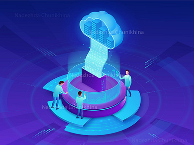 Cloud service 3d blue cloud cloud computing control panel design futuristic illustration isometric people scientist service user interface vector violet