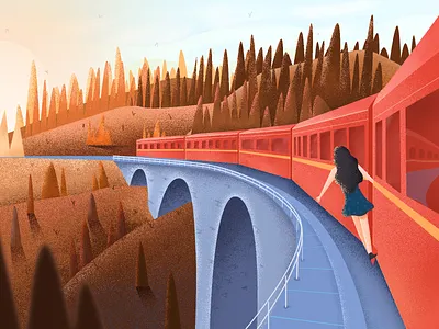 Travel alone bridge color design girl illustration people train ui vector
