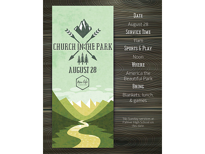 Church in the Park / Colorado Springs church church branding church marketing colorado colorado springs info card mountains non profit nonprofit picnic postcard rugged rustic wilderness wood